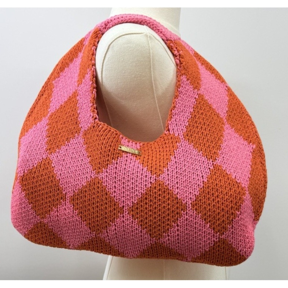Kopari Limited Edition Knit Argyle Bag Pink Orange Woven Shoulder Hobo Purse